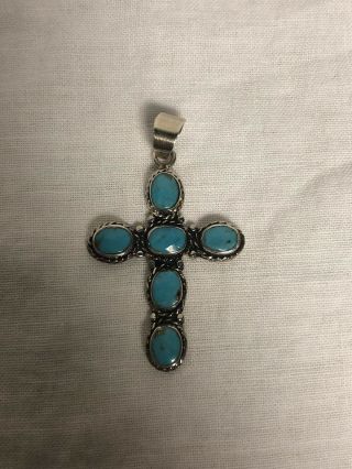Vintage Sterling Silver And Turquoise Cross Pendant Signed