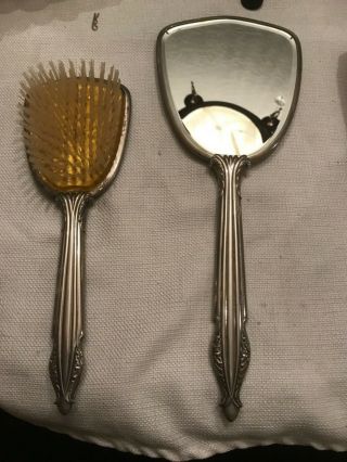 Vintage Brass Metal Hand Held Vanity Mirror And Brush Set