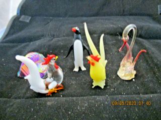 Lovely Vintage Art Glass Penguin,  2 Roosters Swan Mouse Murano Style 2 "