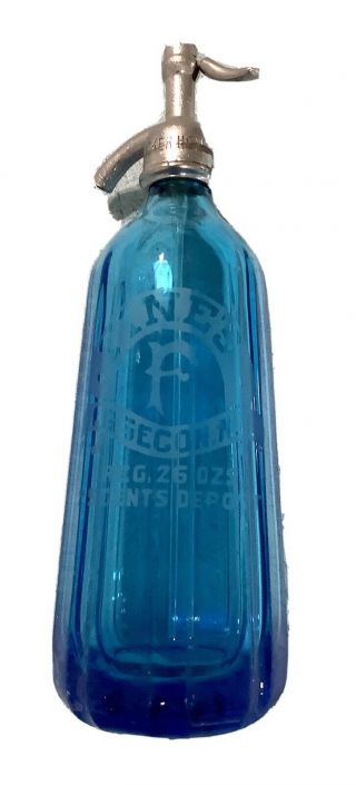 Vintage Seltzer Bottle Blue Faceted Glass Syphon Etched Fine’s Home Services Evc
