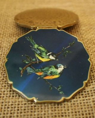 Vintage Powder Compact With Mirror By Stratton England Blue Enamel Bird Goldtone
