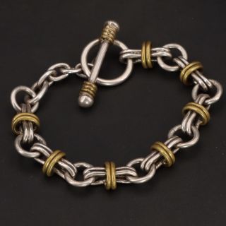 Vtg Sterling Silver & Brass Mexico Taxco Chain Link 7 " Toggle Bracelet - 28.  5g