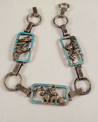 Fun Vintage Sterling Silver 925 Enamel Double Scottie Dog Bracelet 7”in :)