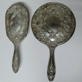 Vintage Silver Vanity Hand Mirror And Brush Set Flower Pattern