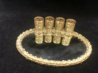 Vintage Gold Tone Filigree Oval Vanity Mirror Tray With 4 Lipstick Tube Holders