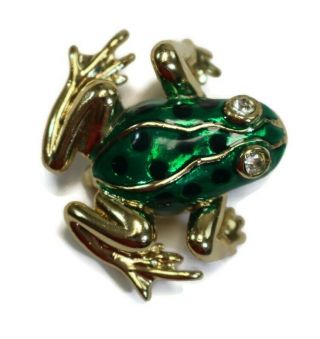 Vintage Gold Tone Green Enameled Crystal Rhinestone Eyes Frog Pin Brooch