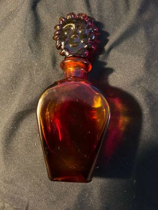 Vtg Red Glass Perfume Bottle With Face Stopper Rare Unique Mbc