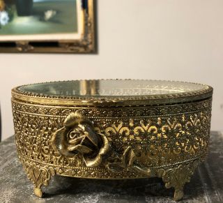Vintage Ormolu Gold Filigree Beveled Glass Trinket/jewelry Box With Applied Rose