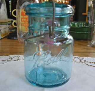 Vintage Ball Ideal Pint Blue Glass Canning Mason Jar W/ Wire Bail & Lid