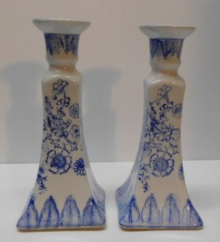 Candle Holder Taper Flowers Feathers Blue And White Porcelain Vintage Set 2