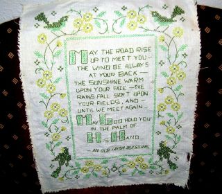 Vintage Embroidery Picture Saying " Old Irish Blessing " Birds Flowers 11 " X 14 "