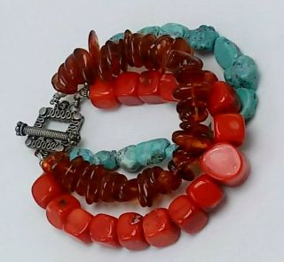Vintage Natural Sleeping Beauty Turquoise Red Coral Amber Bracelet 7.  5 "