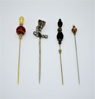 4306 Vintage/antique Qty (4) Hat / Stick Pins Multimedia Glass Rhinestones