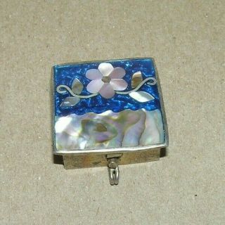 Vtg Silver? Metal Mother Of Pearl Inlay & Flower Hinged Lid Pill Box Container