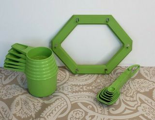 Vintage Tupperware Lime Apple Green Measuring Cups Spoons Hanger Complete Retro