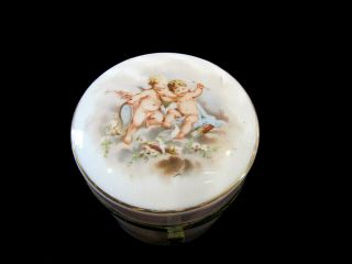 Antique Hand Painted Porcelain Vanity Dresser Trinket Jar Box Cupids Hinged 2