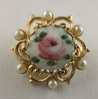 Vintage Goldtone Faux Pearl White Guilloche Enamel Pink Rose Scatter Pin Brooch