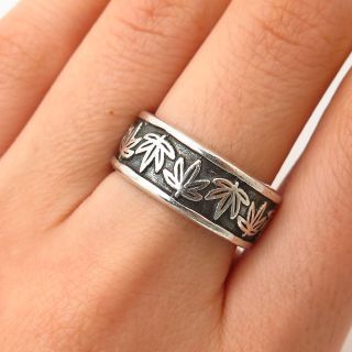 925 Sterling Silver Vintage Mexico Cannabis Leaf Design Band Ring Size 8