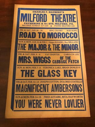 Vintage Milford Theatre Pa 14x22 Lobby Card/sign Road To Morocco Bing Crosby,