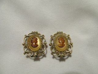 Vintage Signed Whiting & Davis Gold Tone Cameo Clip On Earrings
