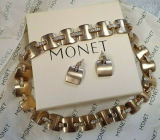 Monet Vintage Jewellery Set Necklace Earrings Gold Tone Stone Set Heavy Quality