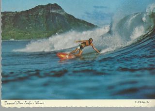Waikiki Beach,  Hi Diamond Head And Surfer Honolulu County Hawaii Postcard Vintage