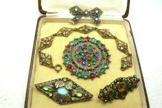 Vintage Jewellery Art Deco Czech Rhinestone Filigree Bracelet Brooches Pins