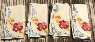 Vintage Hand Embroidered Floral Cloth Napkins (4) 10 1/4 X 10 1/4”