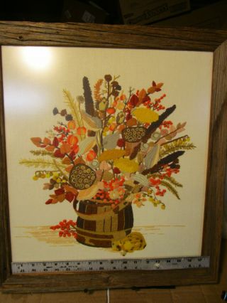 Vintage Crewel Embroidery Floral Bouquet Basket With Barn Wood Frame 21 " X23 "