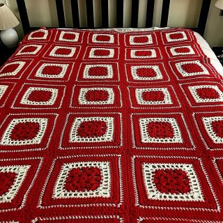 Vtg Red & White Granny Square Crochet Handmade Afghan Throw Blanket 52 " X 74 "