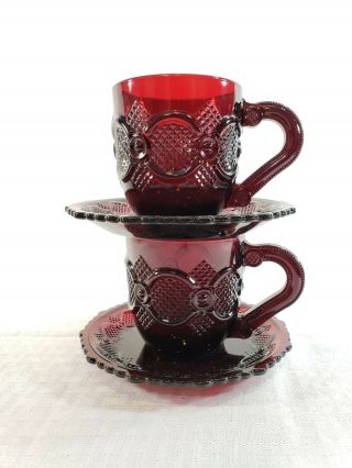 Vintage Avon Ruby Red 1876 Cape Cod Set Of 2 Coffee Water Mug Cups And Saucers