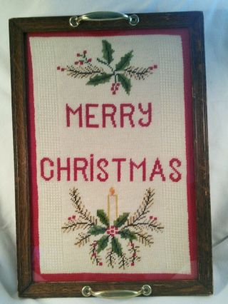 Vtg Merry Christmas Needlepoint Cross Stitch Frame Lg Wood Serving Tray Art
