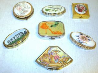 7 Vintage Hinged Metal Pill Boxes Souvenir Stonehenge Floral Lady Sewing Themes