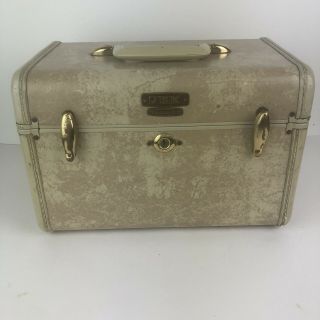 Vintage Samsonite Train Case Suitcase Make Up Luggage Marbled Cream Color Mirror