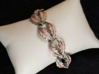 Dainty Vintage Signed Coro Pink Enamel Leafs Silvertone Panel Bracelet