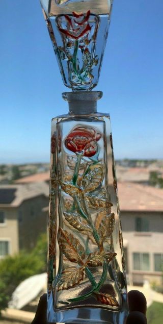 Vintage Irice Hand Cut Perfume Bottle Painted Floral Leaf Made In Japan