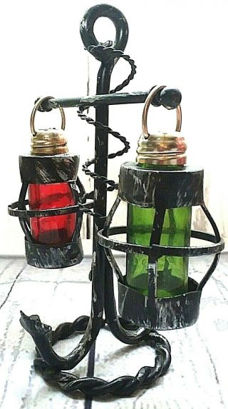Vintage Metal Anchor Stand Green And Red Glass Lantern Salt Pepper Shakers