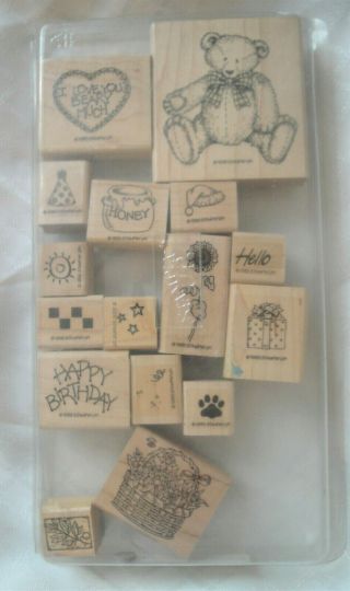Stampin Up Vtg Wood/rubber Stamp Set,  Button Teddy Bear,  Birthday,  Flowers,  Lot 16