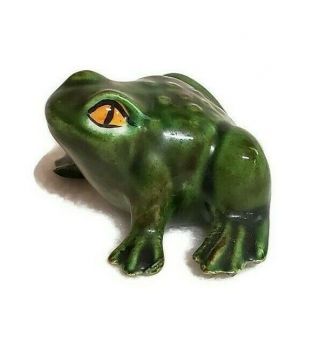 Vintage Frog Figurine Green Brown Glazed Ceramic Yellow Eyes 1.  25 " H X 2.  75 " W