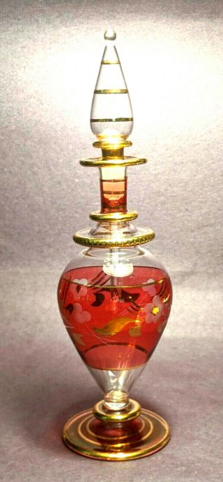 Vintage Hand Blown Red & Gold Glass Perfume Bottle With Dauber Estate Find