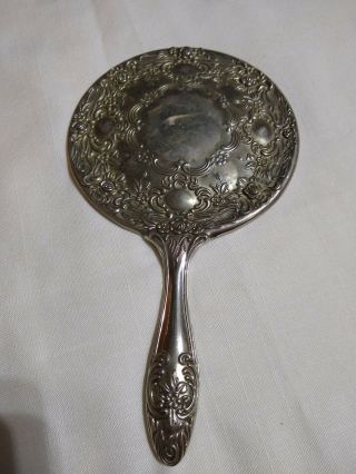 Vintage Hand Held Vanity Mirror Metal Silver Repousse Flowers 9 1/2 " Long Heavy