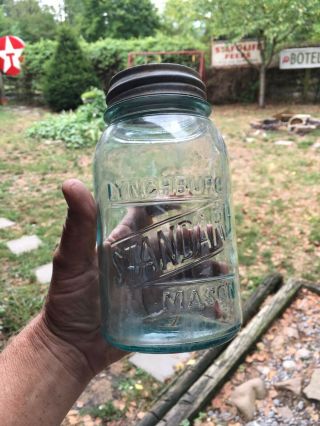 Vtg Bright Blue Aqua Quart Lynchburg Standard Quart Mason Canning Jar