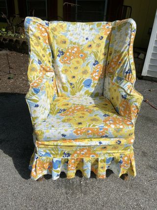 Vtg 2p Sunny Yellow Orange Blue Flower Floral Pattern Wing Back Chair Slip Cover