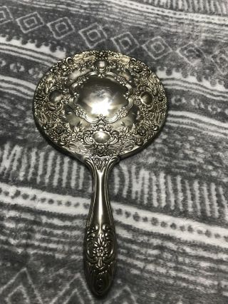 Vintage Hand Held Vanity Mirror Metal Silver Repousse Flowers Heavy Detached