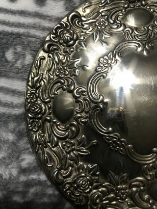 Vintage Hand Held Vanity Mirror Metal Silver Repousse Flowers Heavy Detached 3