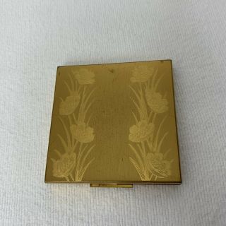 Vtg Elgin American Etched Gold Tone Flower Detail Makeup Mirror Compact
