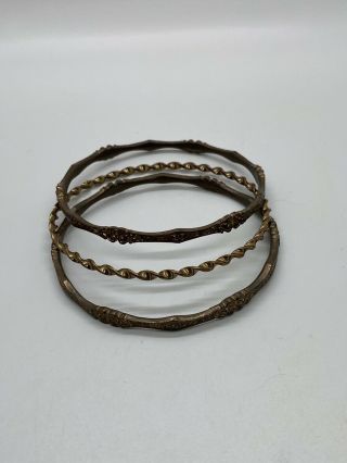Vintage Art Deco Style Brass Bangle Bracelets Set Of 3 Tooled Textured Hearts