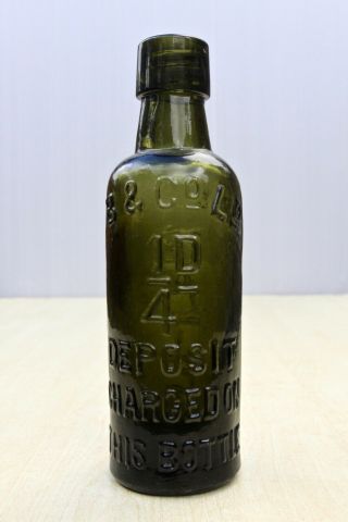 Vintage C1900s Batey London 1/4d Deposit Charged Black Glass Ginger Beer Bottle