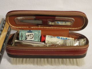 Vintage Leather Zipper Travel Brush Groom Kit Gillette Double Edge Razor,  More