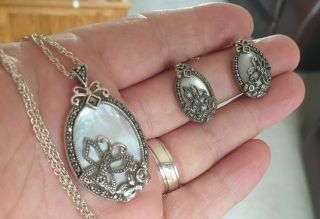 Vintage Demi Parure Jewellery Mother Of Pearl / Marcasite Sterling Silver Set